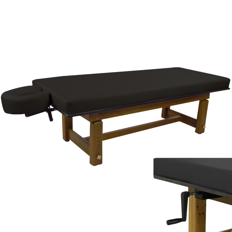 TouchAmerica SOLTERRA teak outdoor treatment table with adjustable headrest and crank.