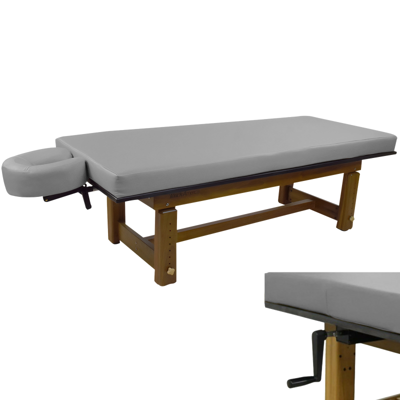 TouchAmerica SOLTERRA Teak Table—adjustable, outdoor-ready, ideal for massage and treatments.