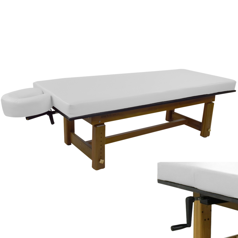 TouchAmerica SOLTERRA Teak Outdoor Treatment Table with face cradle and adjustable height.