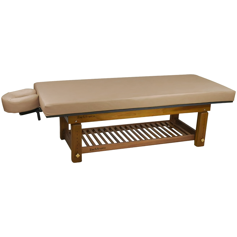 TouchAmerica SOLTERRA teak table: tan pad, slatted shelf, adjustable face cradle.