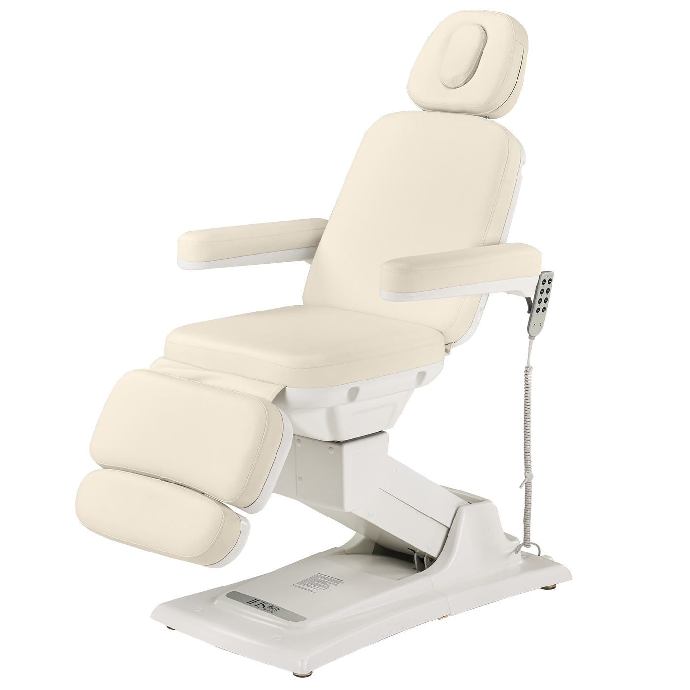 Master Massage Sonora Beauty Bed: adjustable white spa table with armrests, footrest, and remote.
