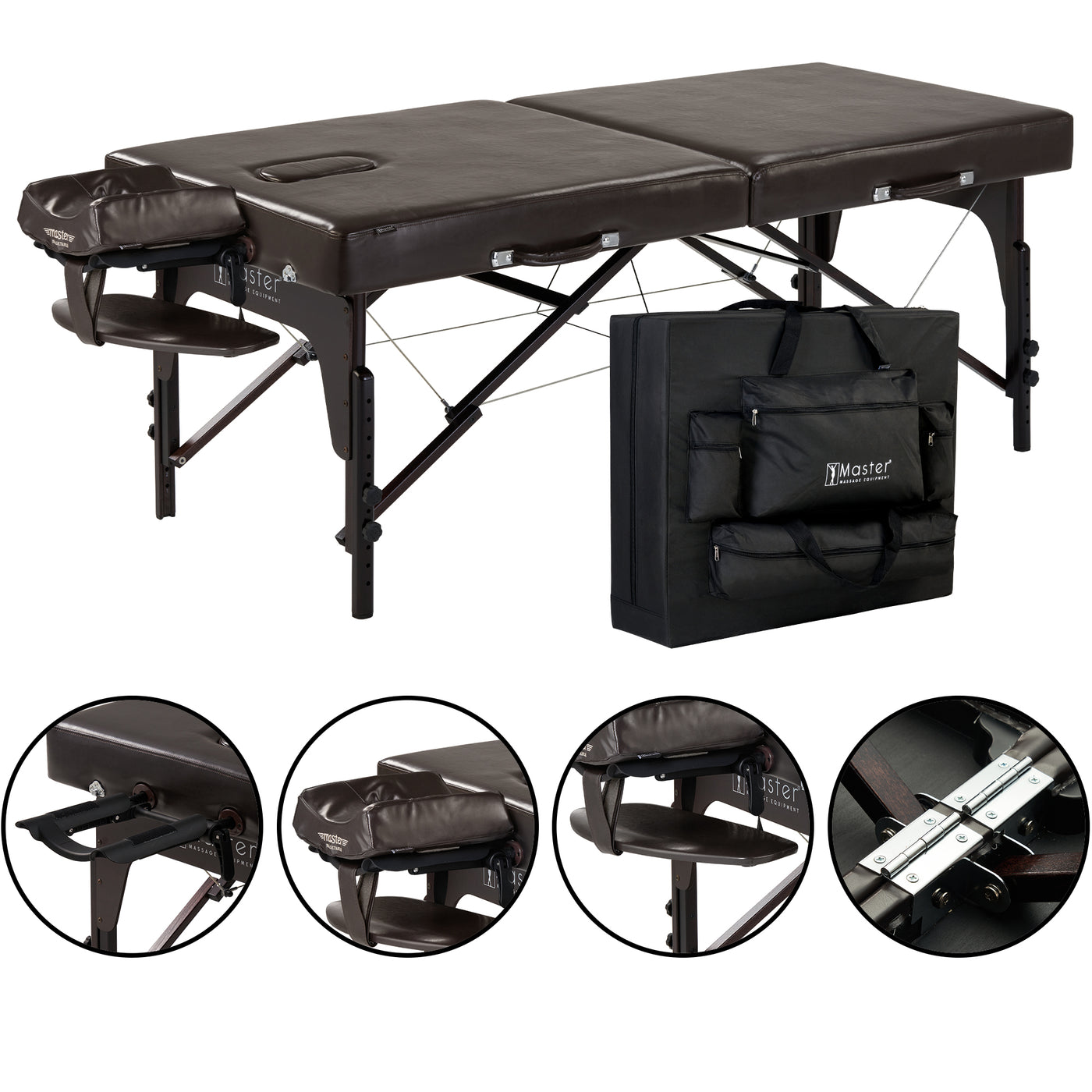 Master Massage SUPREME LX portable massage table with face cradle and case, shown from all angles.