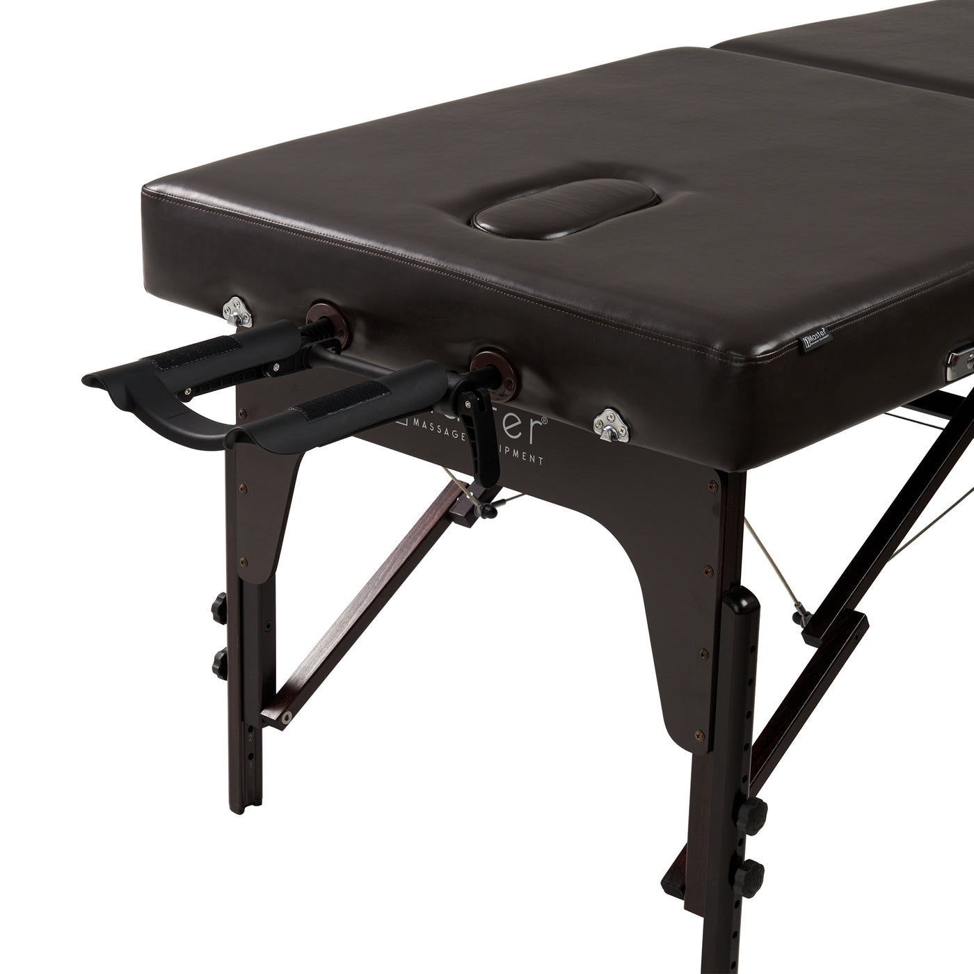 Master Massage SUPREME LX portable table with ergonomic face cradle and dark brown padding.