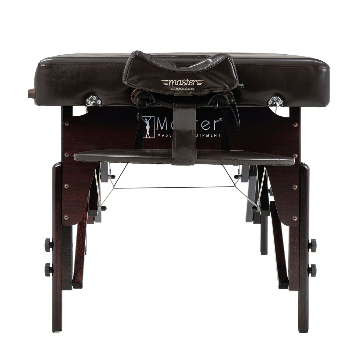Master Massage SUPREME LX, dark brown memory foam table with ergonomic face cradle, end view.