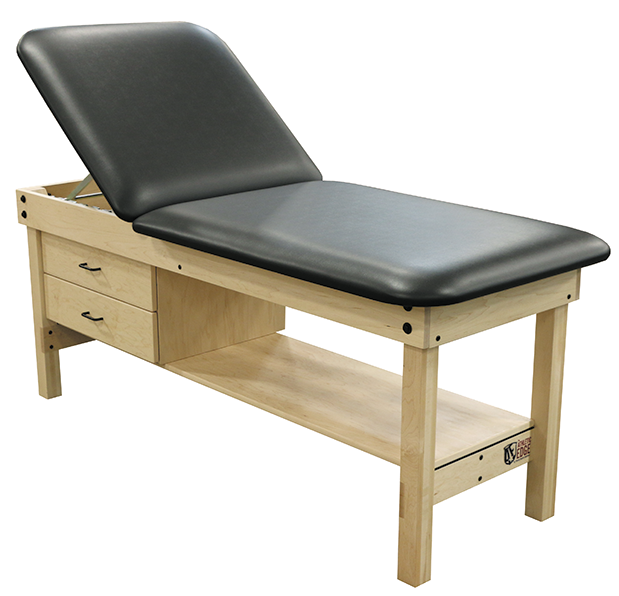 PHS Chiropractic CLASSIC Wood Treatment Table with black top, 2 drawers & lower shelf.