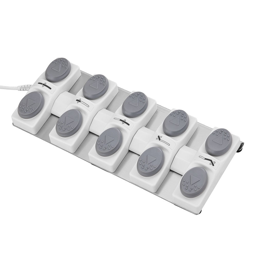 White foot control with gray circular components on a white background