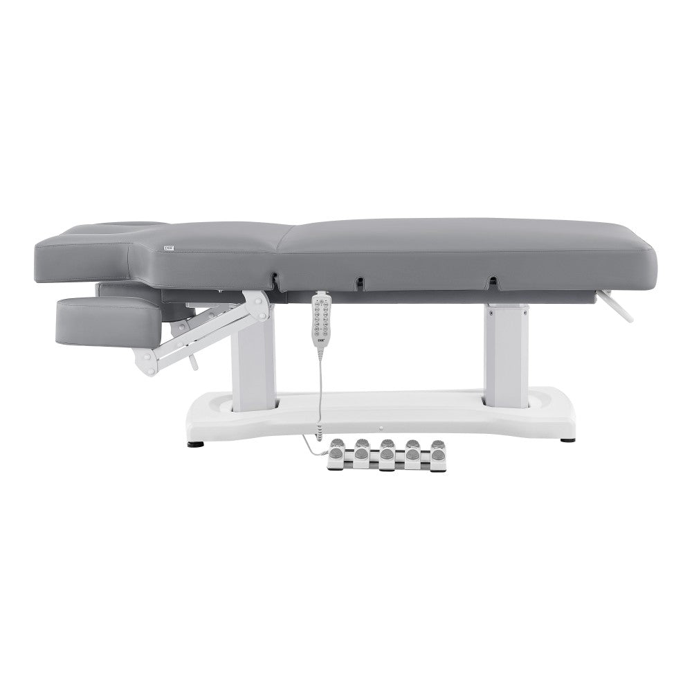 Gray massage table with white base on a white background