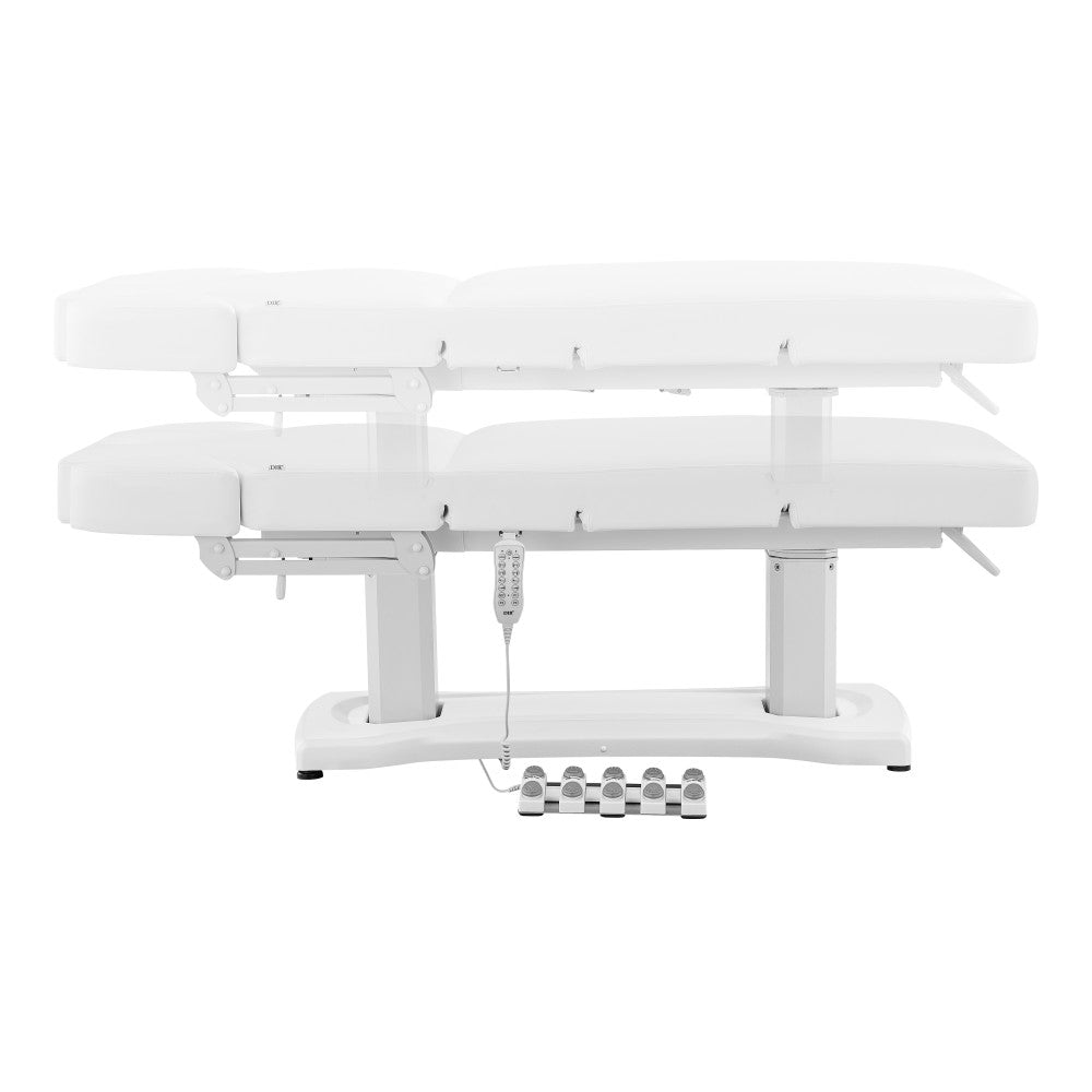 White massage table with adjustable headrest on a white background