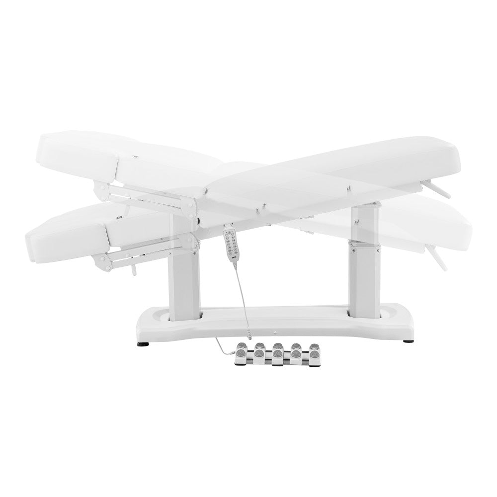 White massage table with adjustable features on a white background