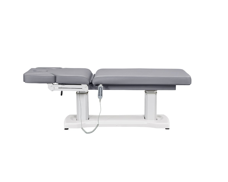 Tranquility 4 Motors Electric Medical Spa Treatment Table by DIR, gray cushion, white base, side view.