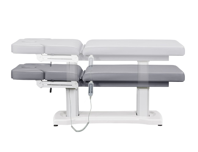 Tranquility 4 Motors Electric Medical Spa Table by DIR shown in two height positions with remote.