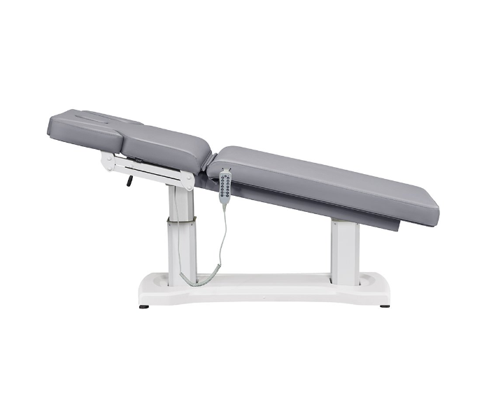 DIR Tranquility 4 Motors electric medical spa table with remote, gray, on white background.