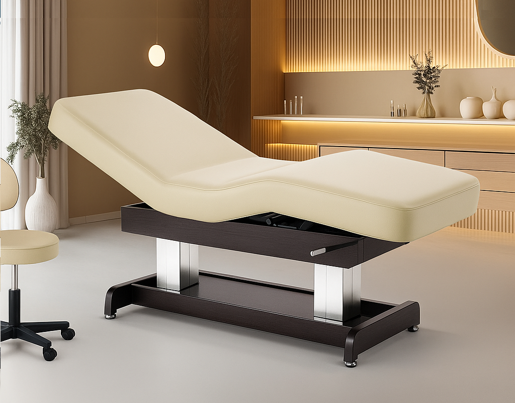 Master Massage 31” Union Salon Dual-Tower Electric Spa Bed in a spa setting with decorative elements.