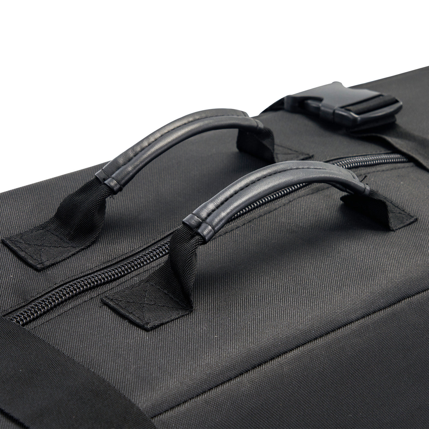 Close-up of a black carry case with handles and zippers on a white background