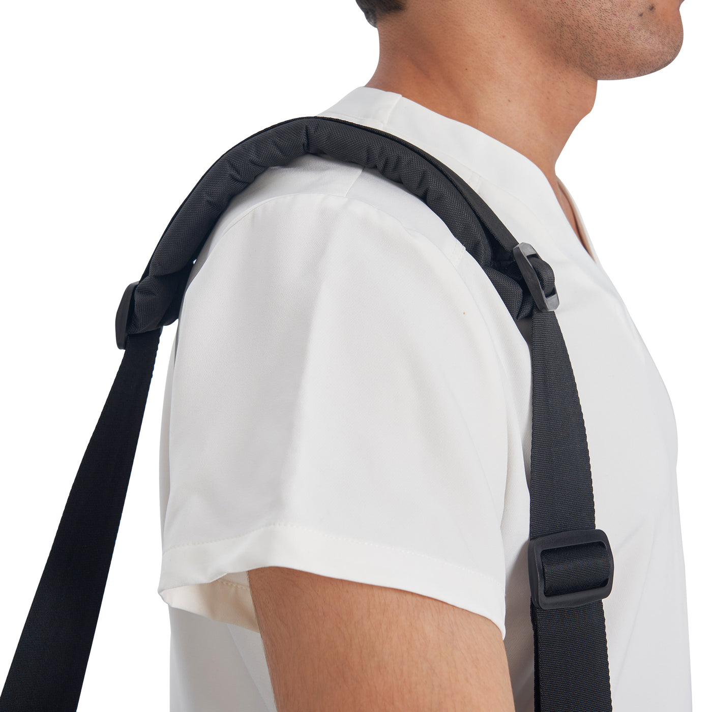 Person wearing a black carry case with a white background