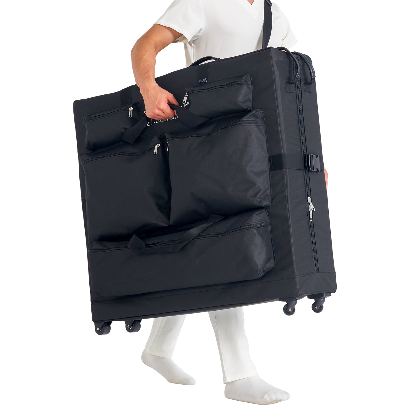 Person holding a Master Massage Universal Massage Table Carrying Case with Wheels on a white background