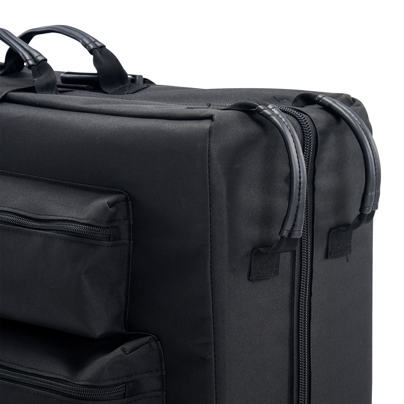 Black carry case with multiple compartments and zippers on a white background