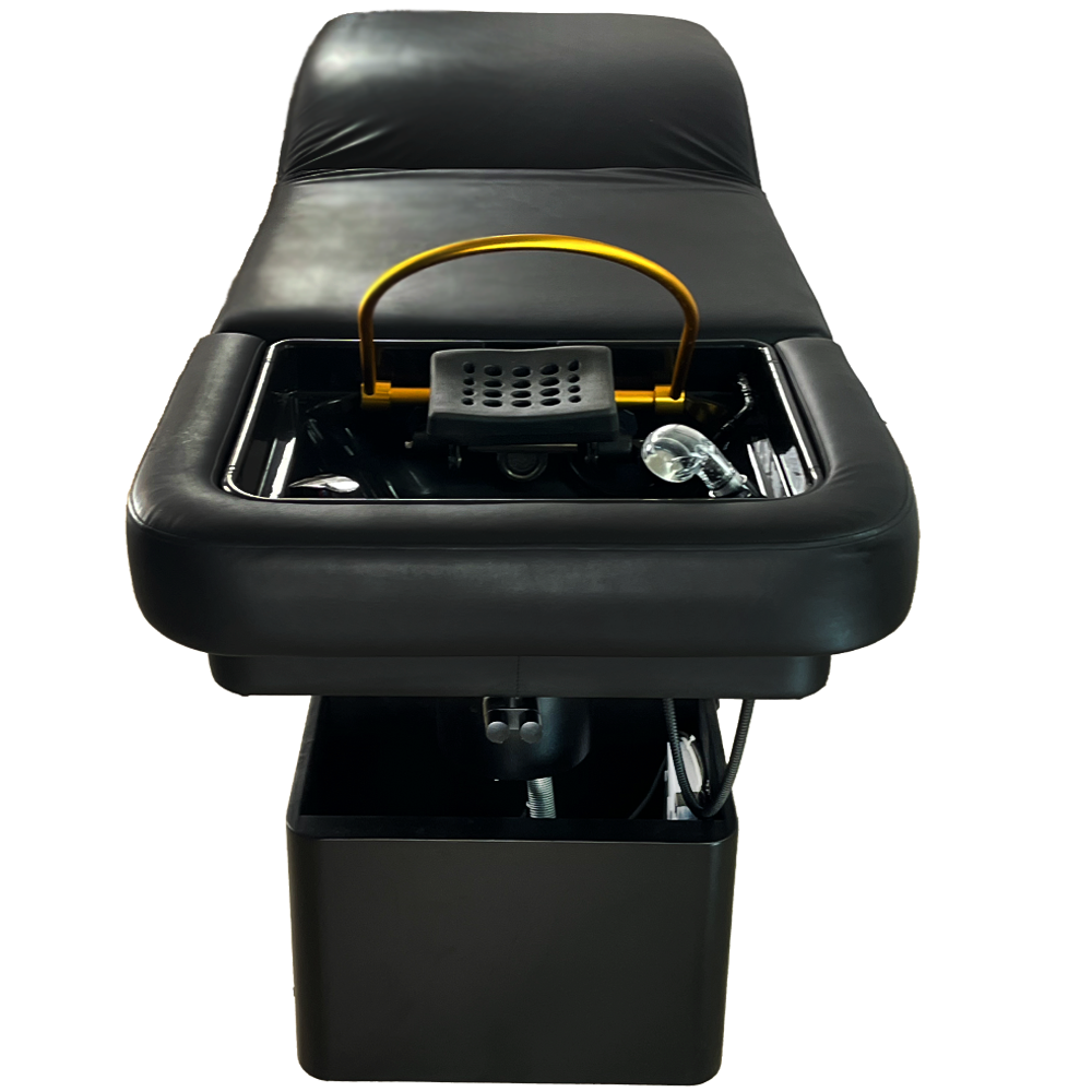 TouchAmerica SereniScalp Head Spa Table: black leather chair with foot bath and adjustable footrest.