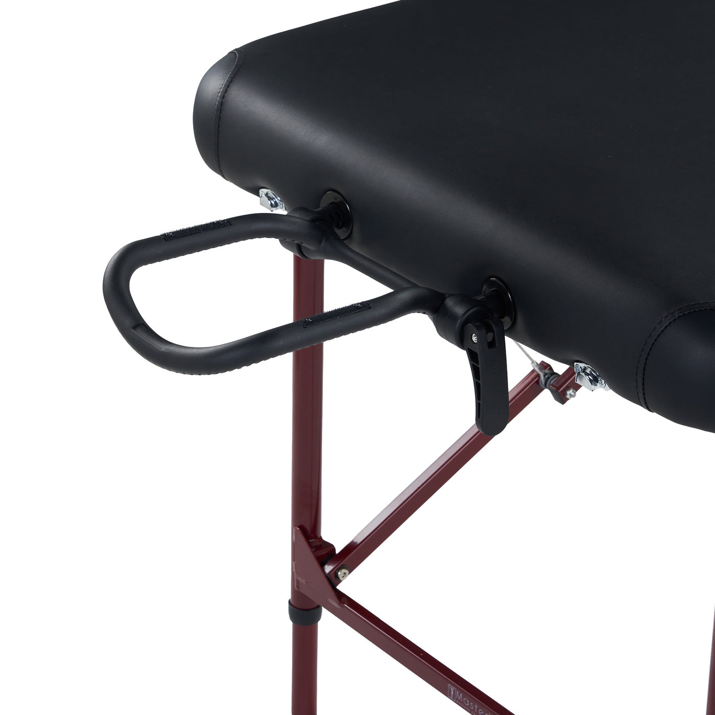 Close-up of the Master Massage ZEPHYR Portable Table with handle, red legs, and face cradle.
