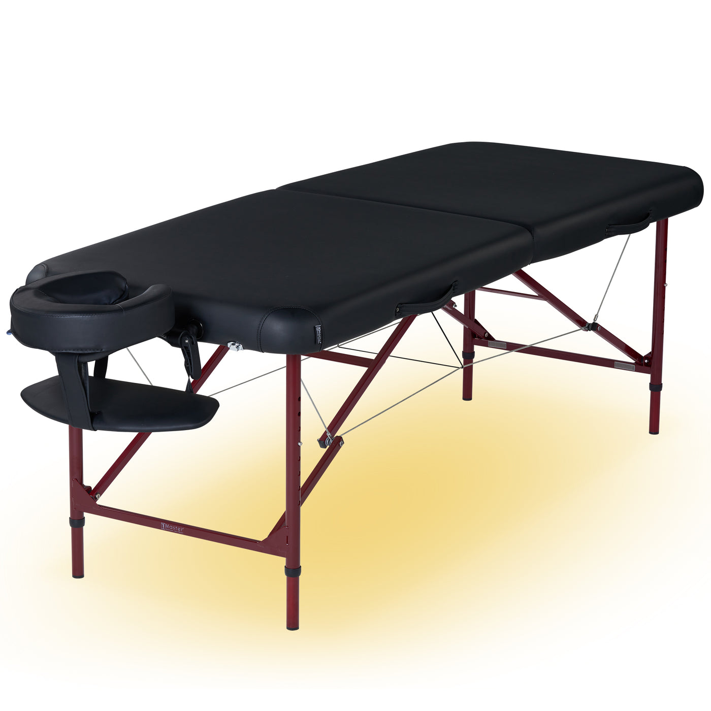 Master Massage ZEPHYR portable table with adjustable face cradle, maroon legs, white backdrop.