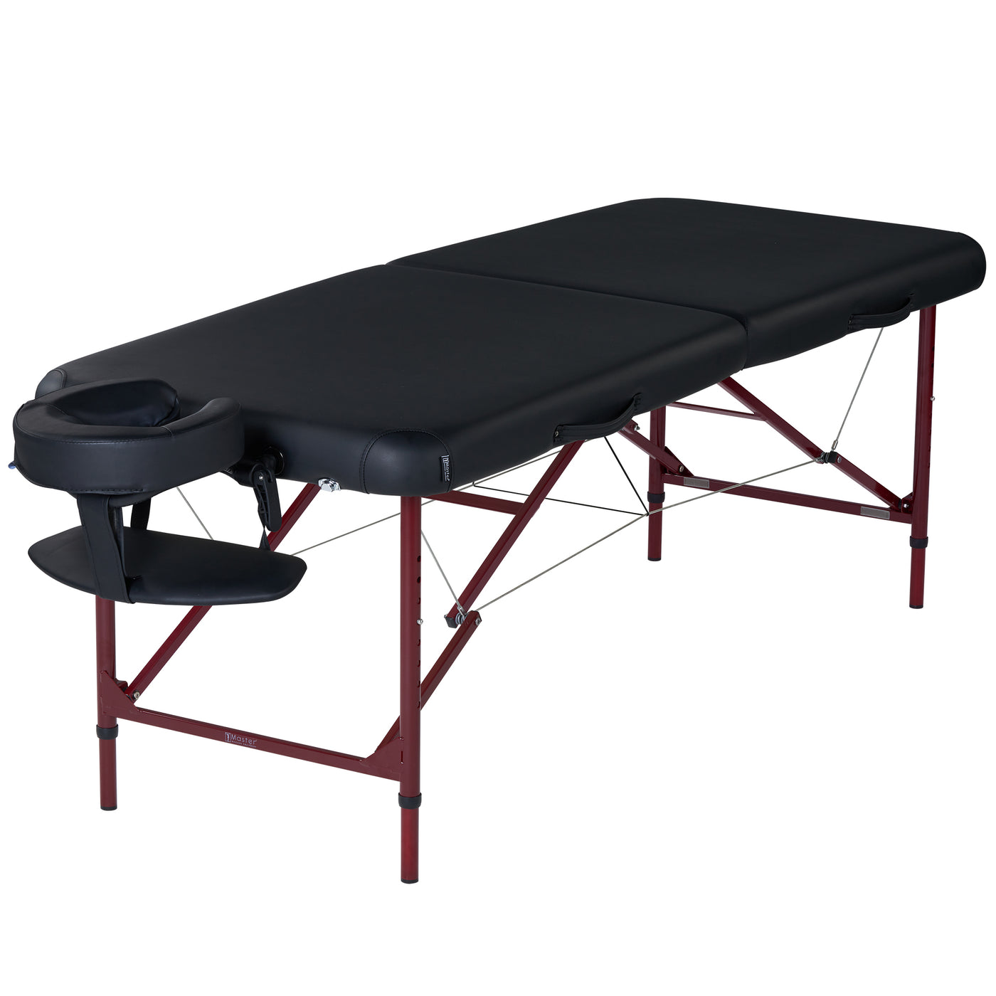 Master Massage ZEPHYR portable table, lightweight with face cradle and maroon foldable legs.