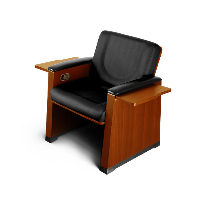 Alpina Chair with black leather seat and backrest on a wooden frame against a white background