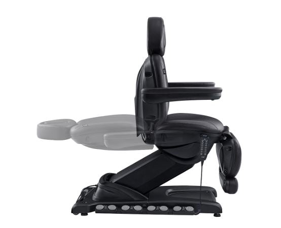 DIR Apollo II Electric Beauty Bed with Thermo Heat shown upright and reclined, remote attached.