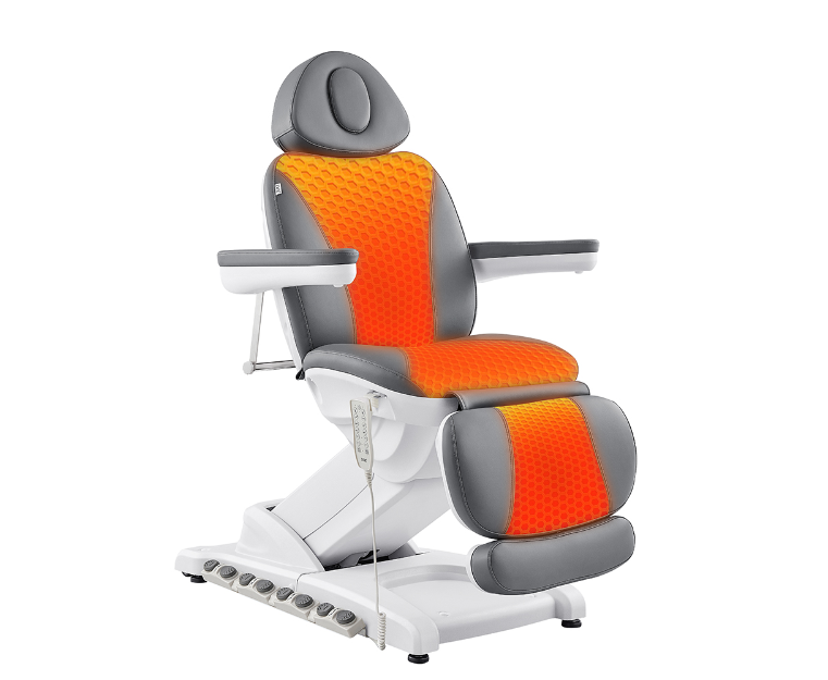 DIR's Apollo II is an adjustable chair and electric beauty bed with orange and gray cushioning.