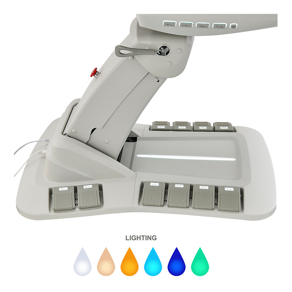 Close-up of DIR Aurora Medical Spa Table's 4-motor control panel with lit hand & foot remotes.
