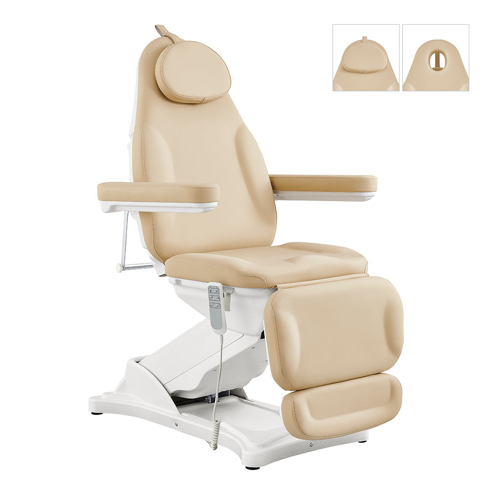 Beige massage chair with detailed view of headrest and armrest on a white background