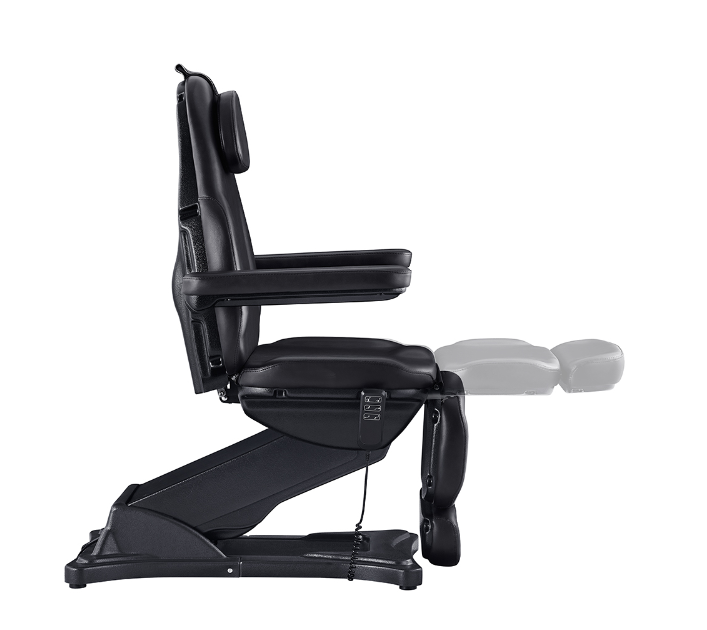 DIR Bellucci Electrical Facial Bed shown upright and with leg rest extended.