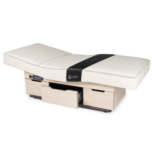 Living Earth Crafts CENTURY CITY dual-pedestal treatment table, cream upholstery, storage drawer.