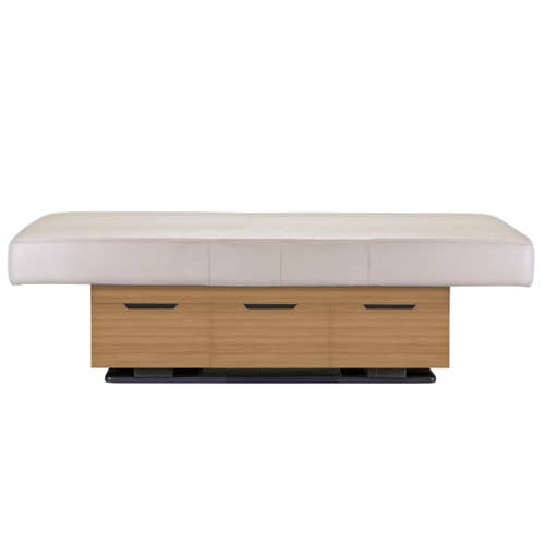 The Living Earth Crafts CENTURY CITY Table has a cushioned top and wood base with pull-out drawer.