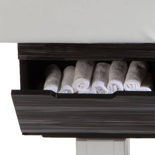 Neatly rolled white towels in digital warming drawer next to CENTURY CITY salon table by Living Earth Crafts.
