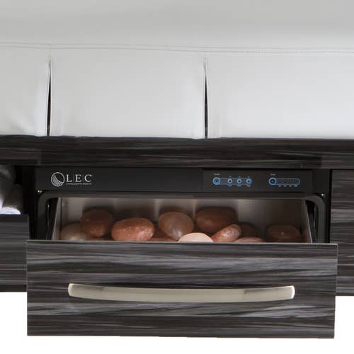 Living Earth Crafts CENTURY CITY Table: dual-pedestal, digital warming drawer, white cushion.