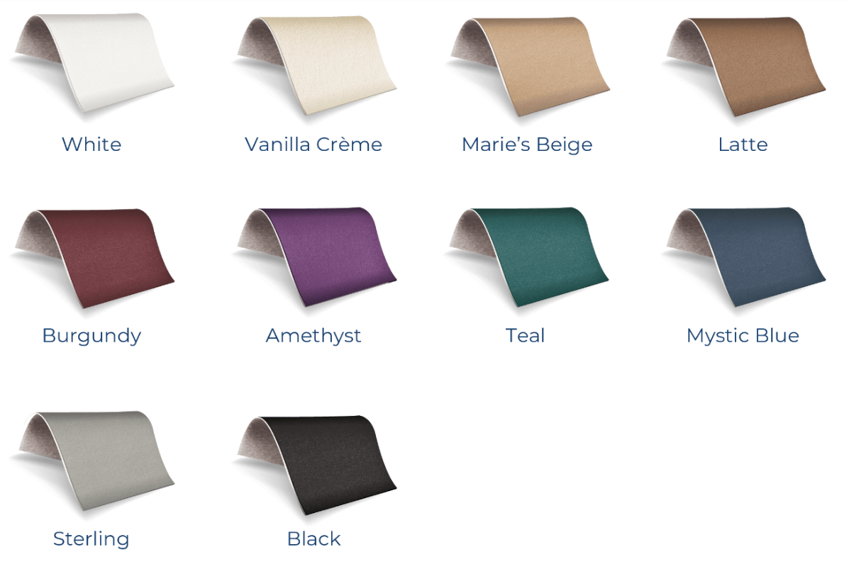 LEC color swatches of various shades including White, Vanilla Crème, Marie's Beige, Latte, Burgundy, Amethyst, Teal, Mystic Blue, Sterling, and Black on a white background.