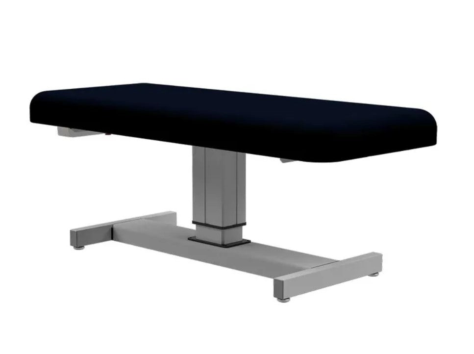 Oakworks COSTA MARINA Electric Lift Table with black marine-grade upholstery and silver base.