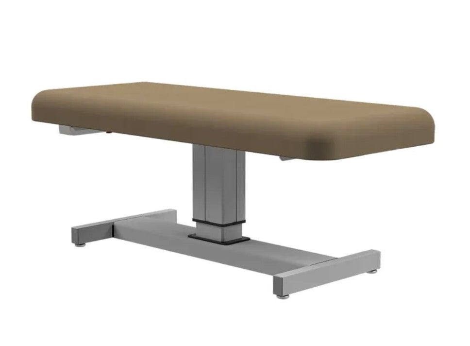 Oakworks COSTA MARINA Electric Lift Table, brown rectangular, with battery-powered height adjust.
