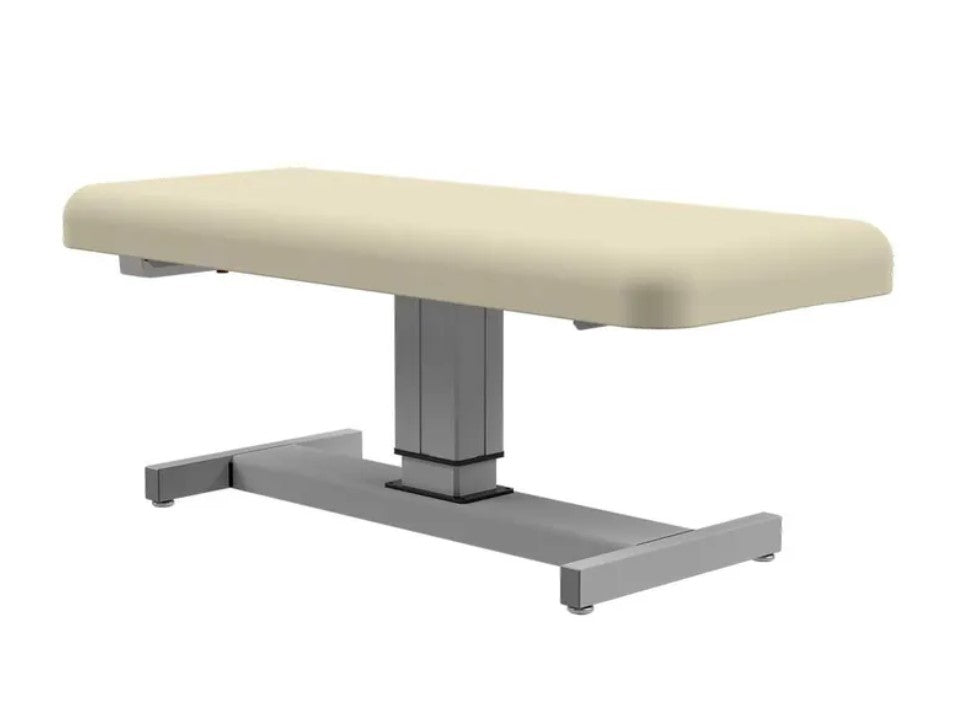 Oakworks COSTA MARINA Electric Lift Table with battery-powered height adjustment, beige upholstery.