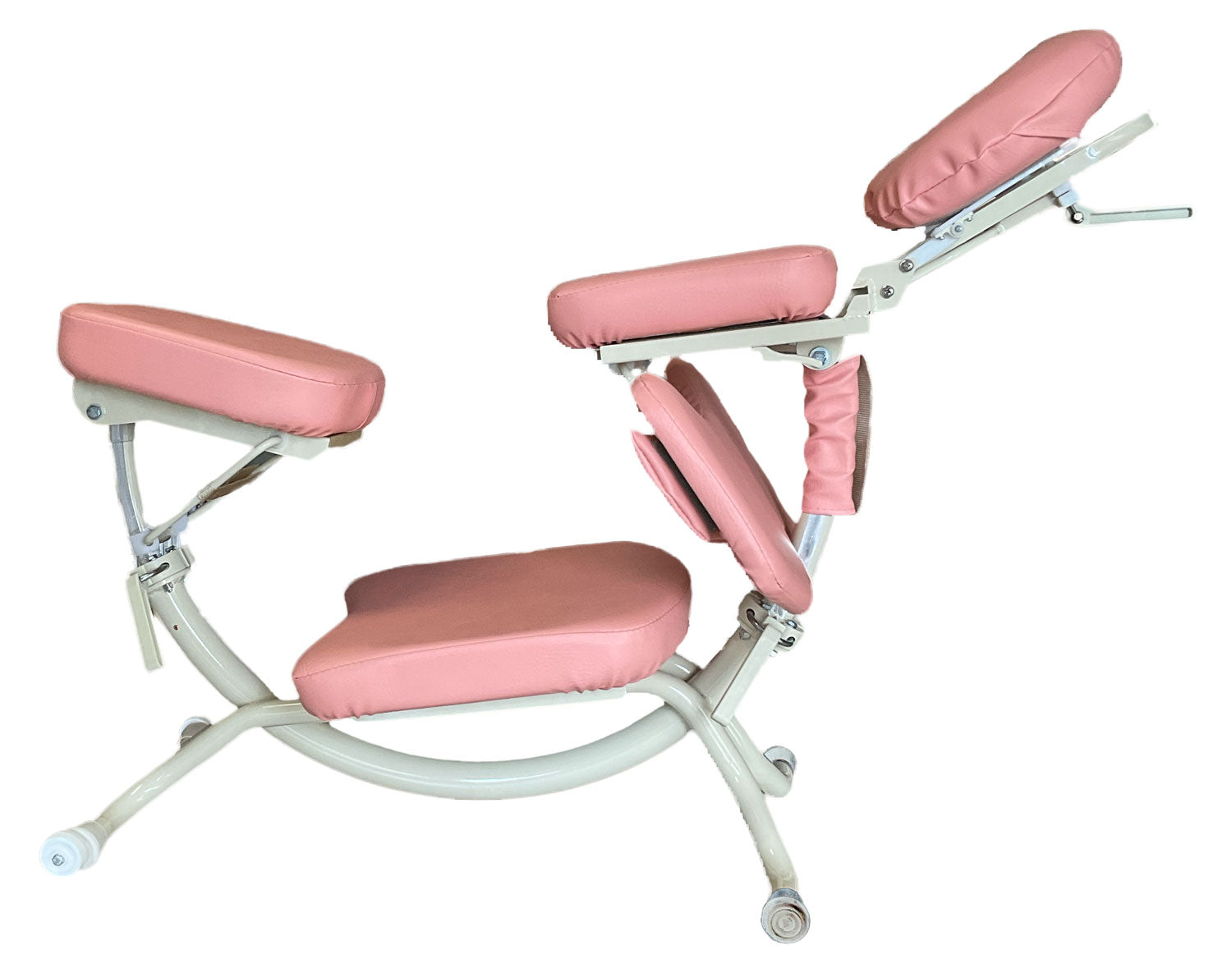Pisces Pro DOLPHIN II Portable Massage Chair in pink with padded supports and wheels.