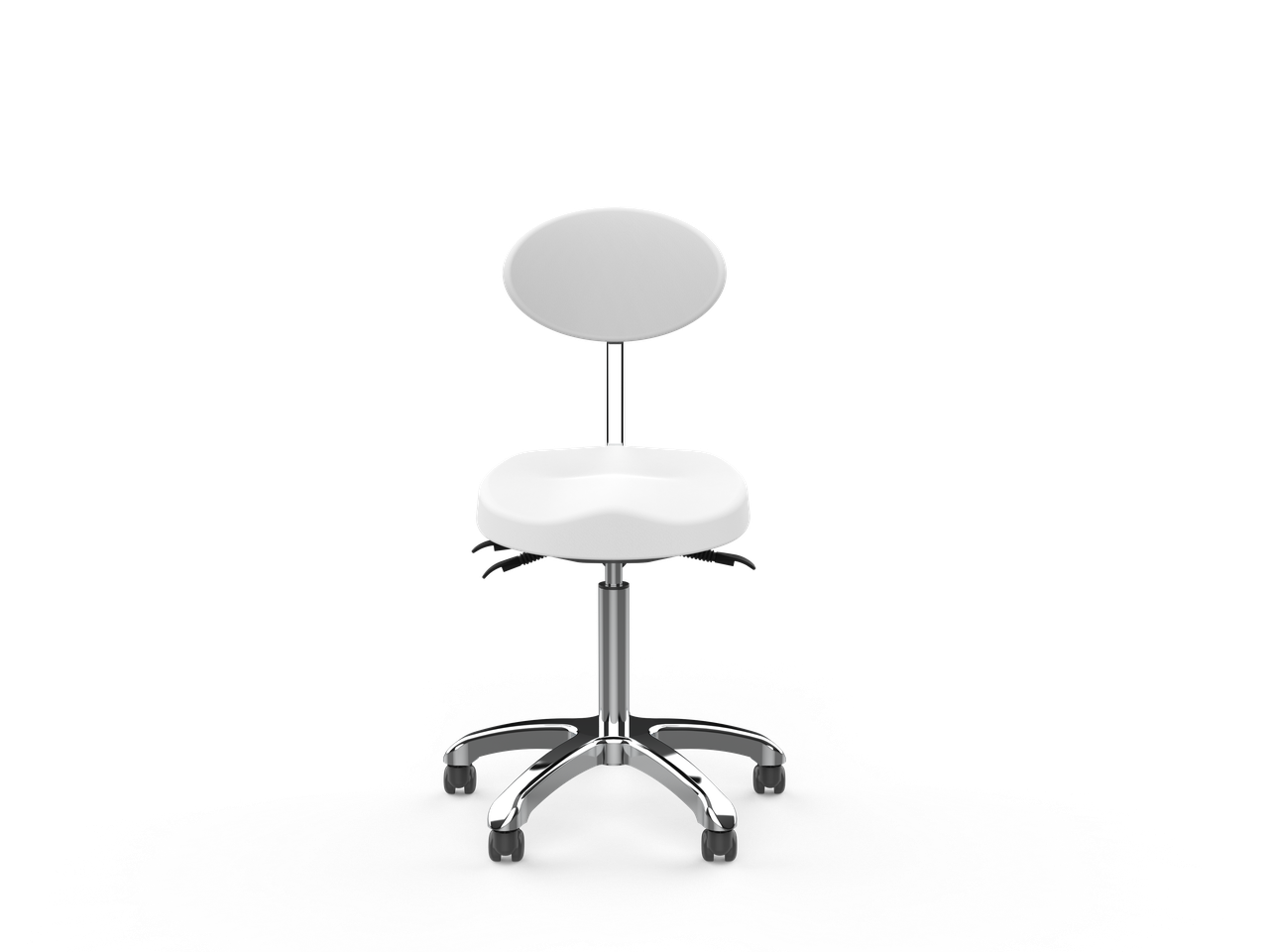 The Silverfox America 1025E Beauty Stool features a white ergonomic seat, round backrest, and 5 wheels.