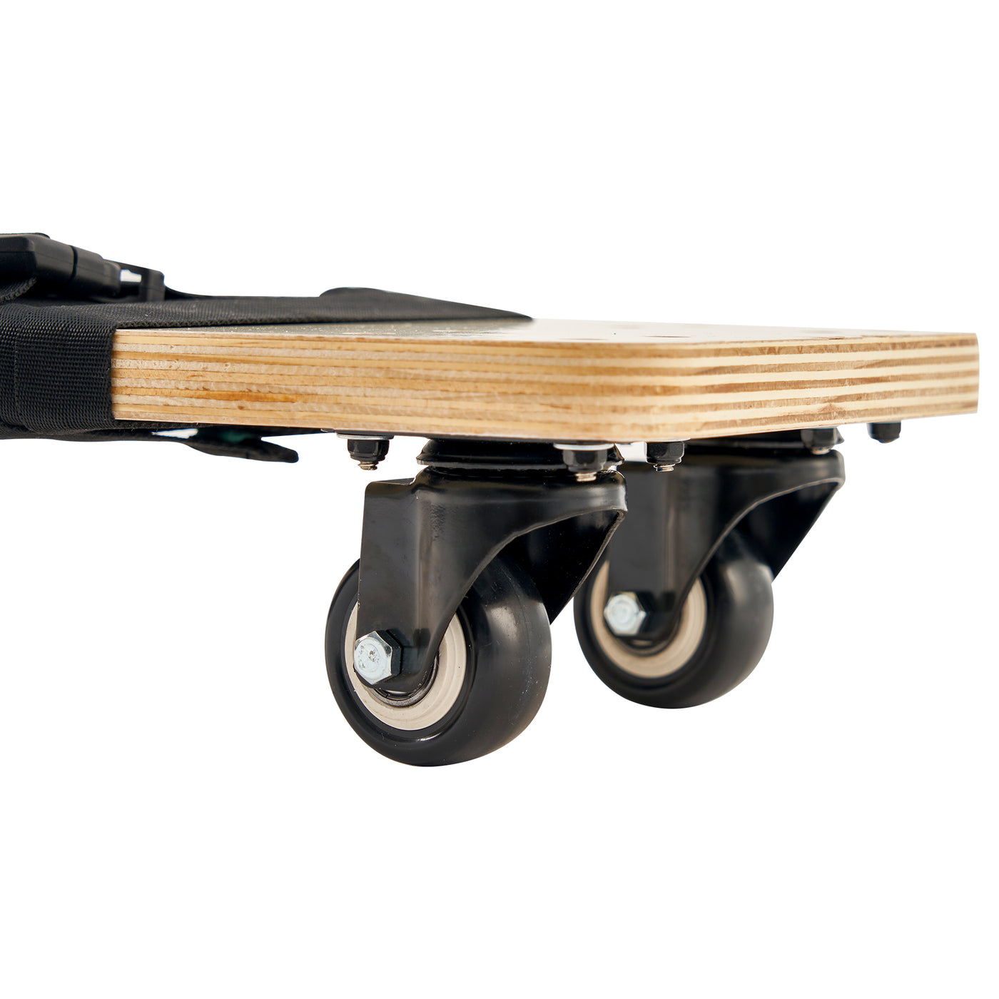 Close-up of a wooden Master Massage EasyGo Universal Wheeled Table Cart with black wheels on a white background