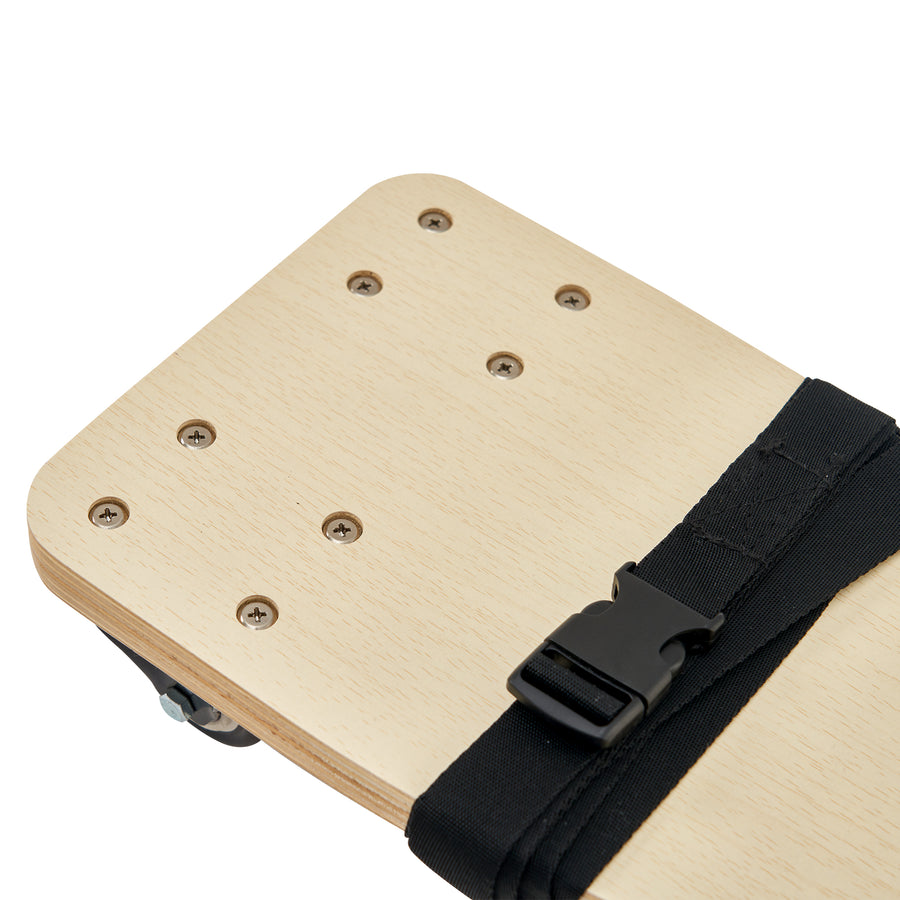 Wooden table cart with a black strap on a white background