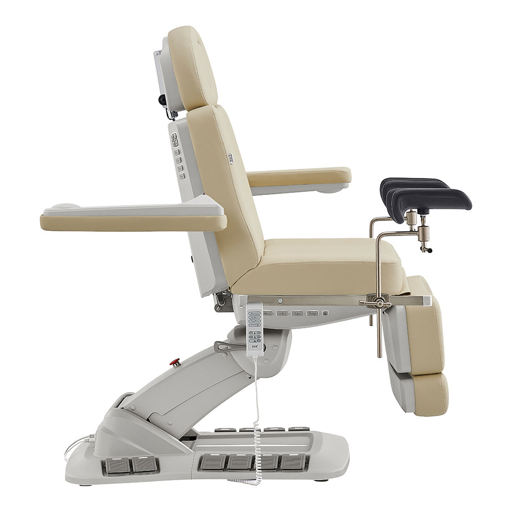 DIR Geneva Exam Table with stirrups, 4 motors, hand & foot remote, beige, side view shown.