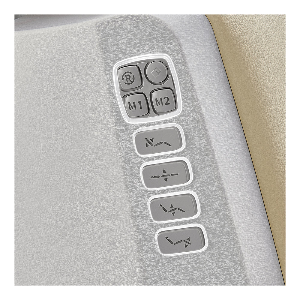 Close-up of labeled seat adjustment panel on a beige DIR Geneva Exam Table with 4 motors.