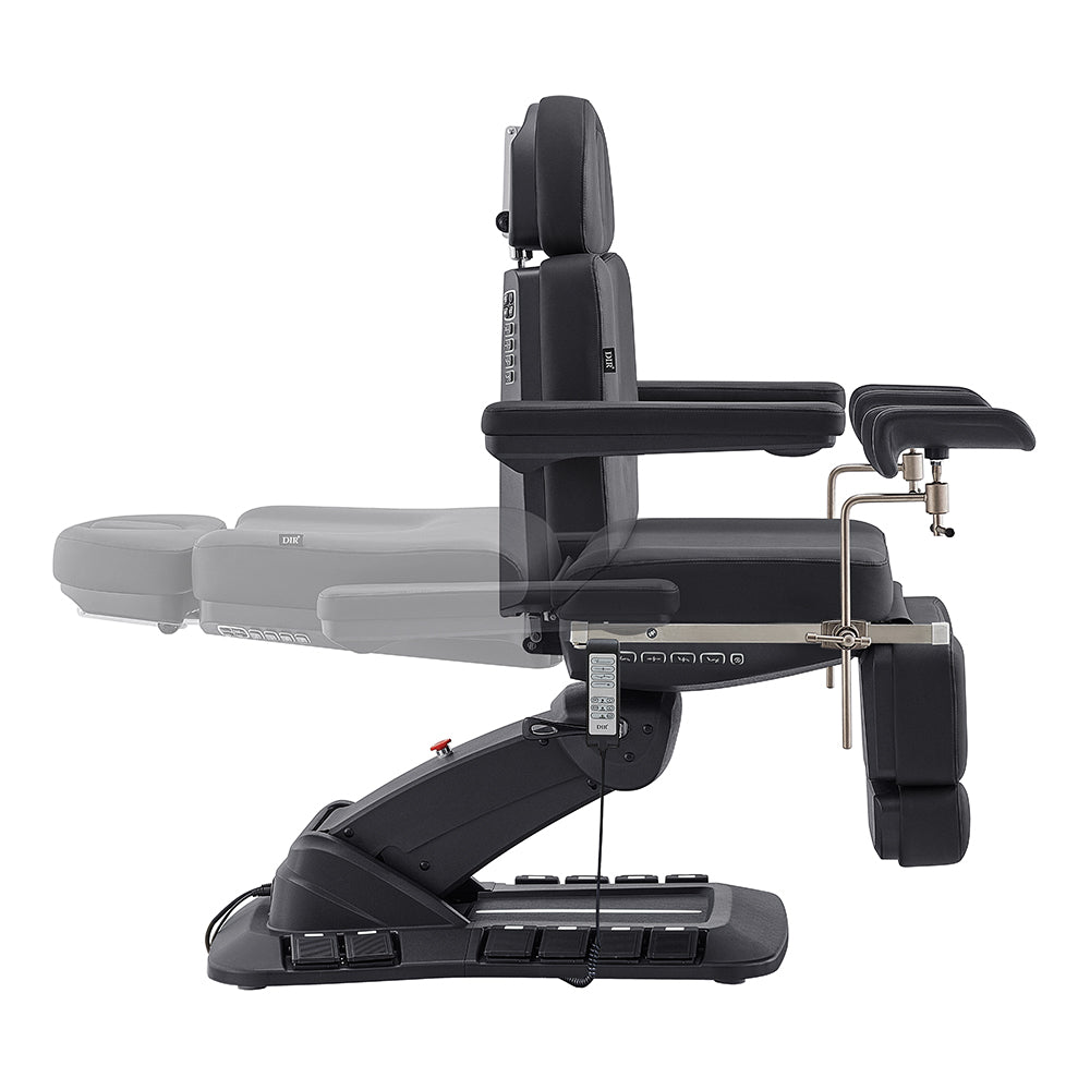 DIR Geneva Exam Table with stirrups shown in two reclined positions on a white background.