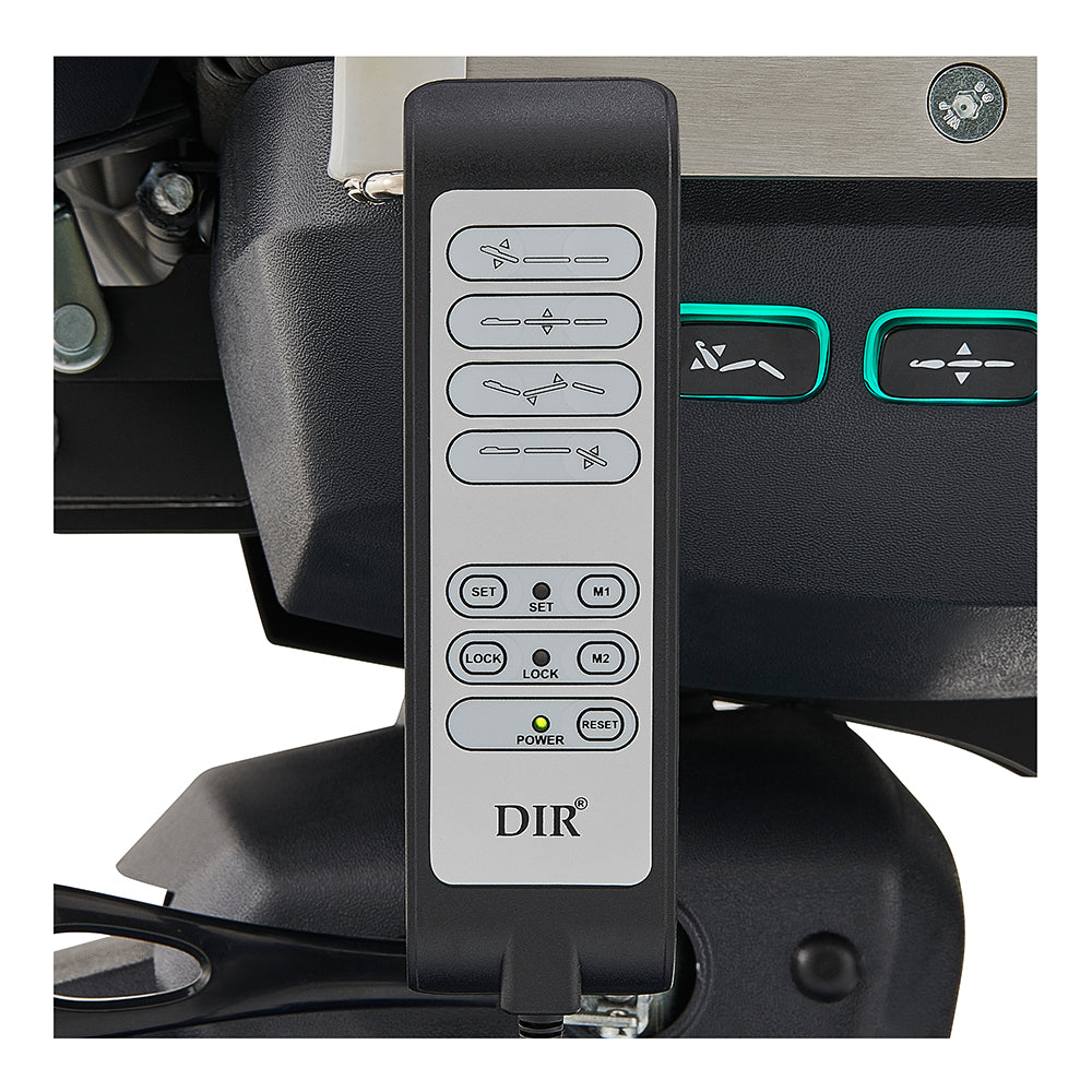 Close-up of DIR Geneva Exam Table remote, showing buttons and indicator lights.