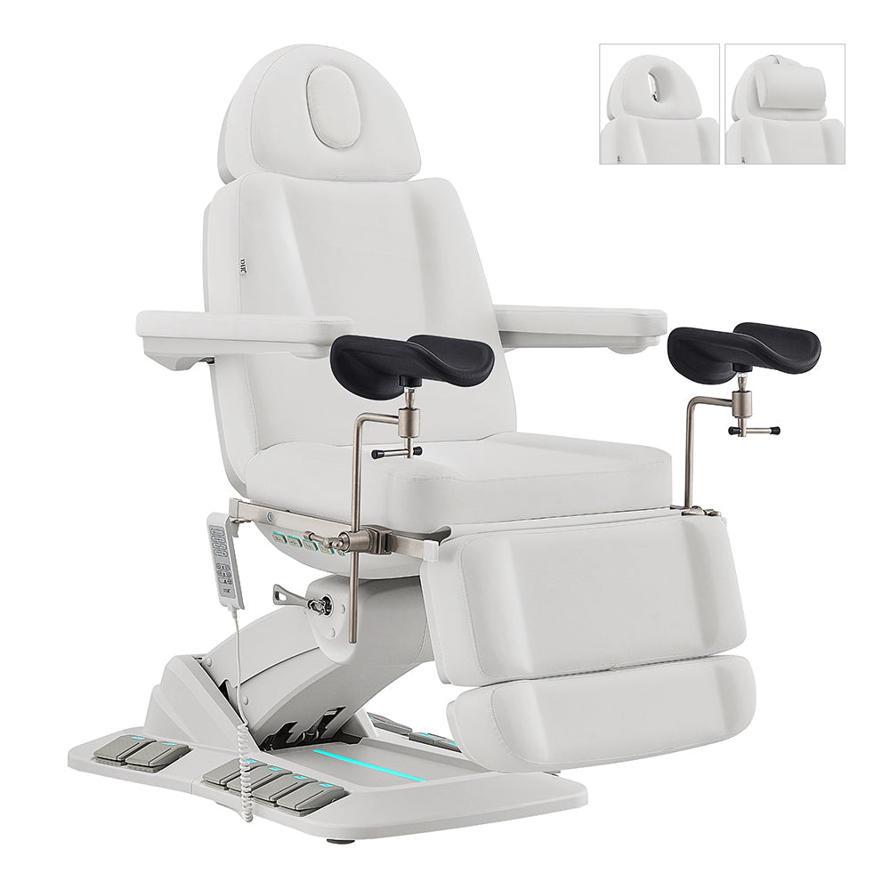 DIR Geneva Exam Table with stirrups, 4 motors, hand & foot remote, white, adjustable.
