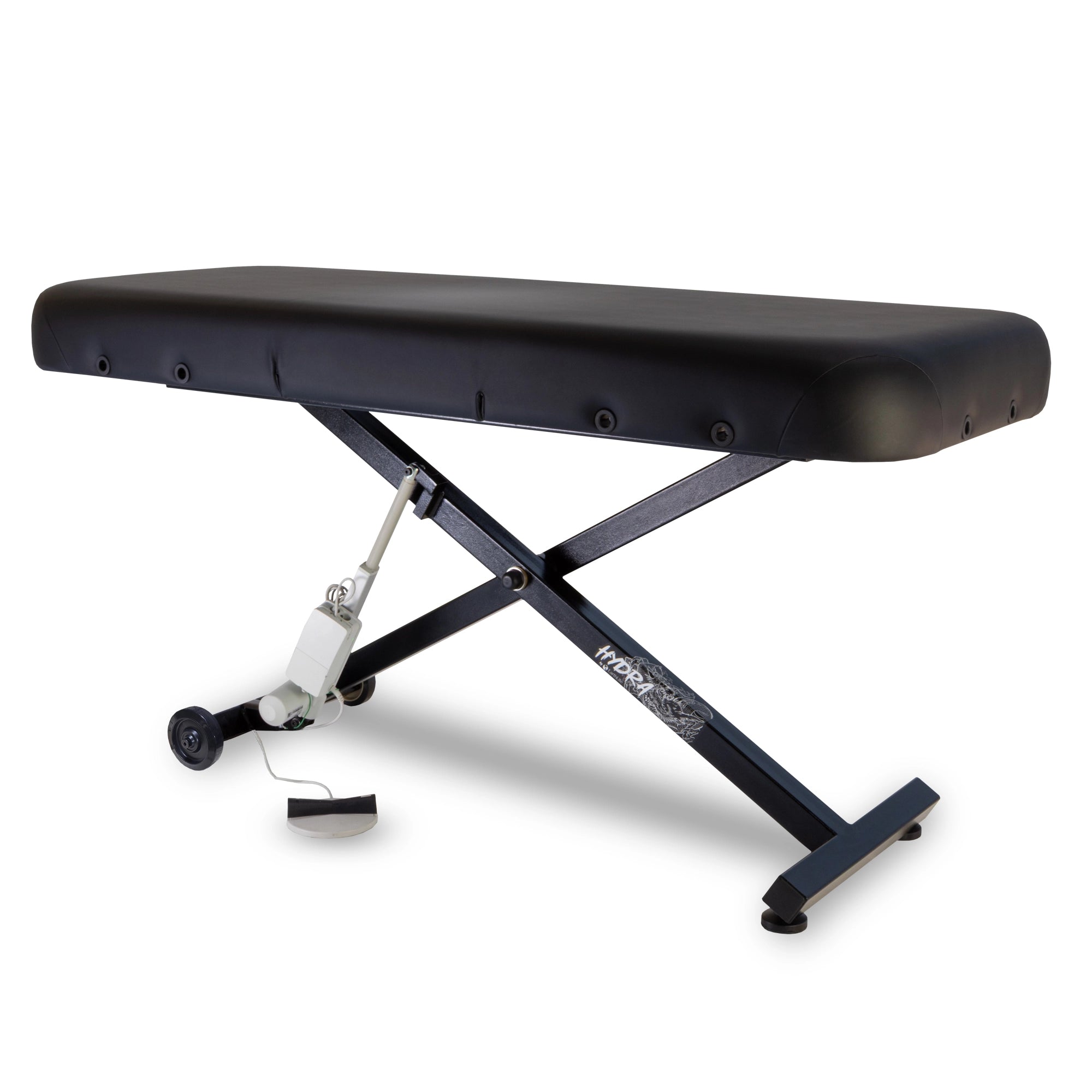 A black padded massage table with a folding metal support frame, caster wheels, and a foot pedal, photographed on a clean white background.
