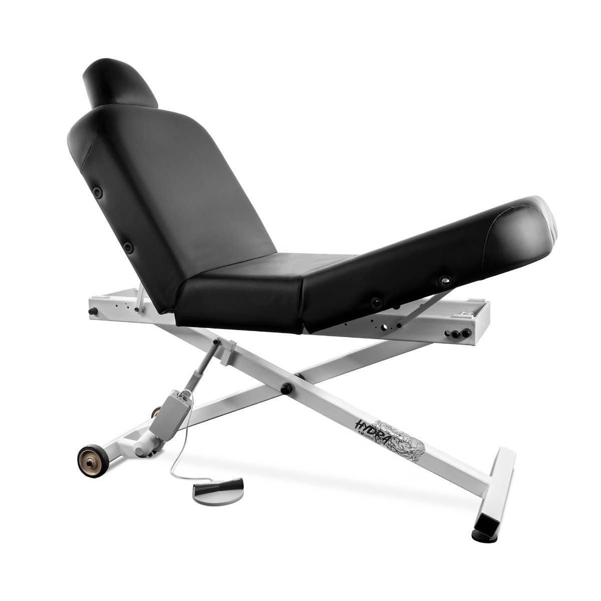 EarthLite HYDRA Lift Tattoo Table: adjustable black & silver, padded seat/backrest for comfort.